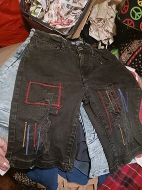 Kids Black Distressed Denim Shorts with Colorful Stitch Patches
